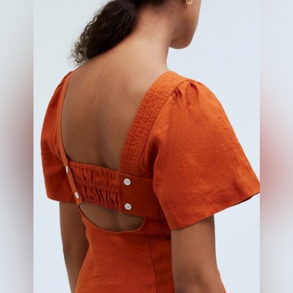 MADEWELL Square Neck Mini Dress Linen Dark Copper Orange Size 00 NWT - Picture 3 of 15